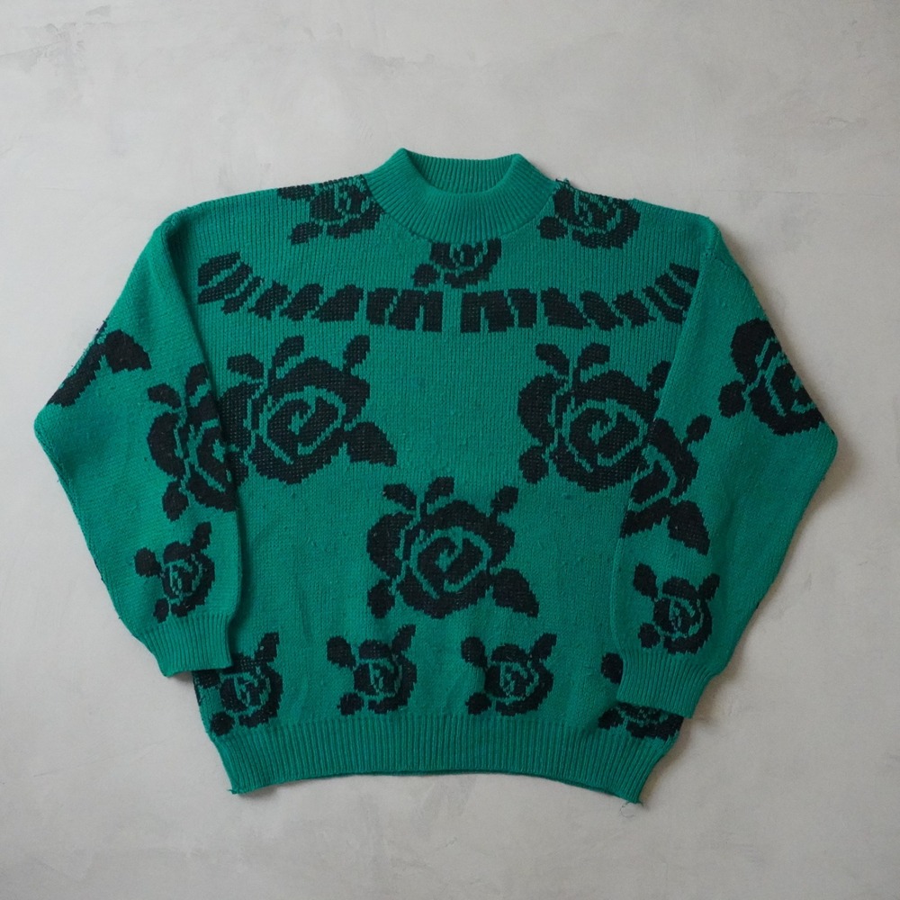 Vintage Adele Knitwear Rose Sweater Medium Green Black Floral 80s 90s USA Made